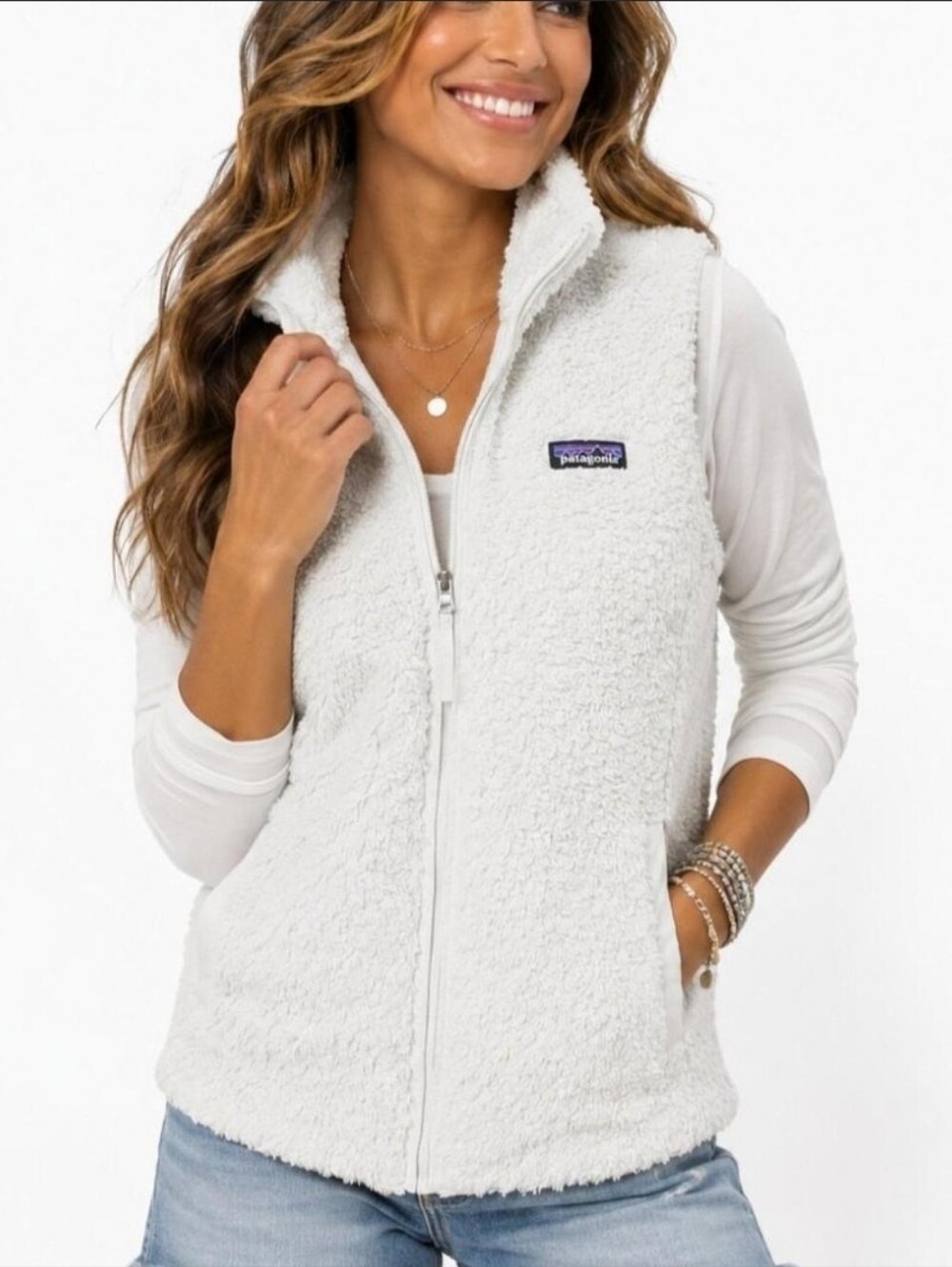 Patagonia Los Gatos White Plush Fleece Zip Up Vest Medium